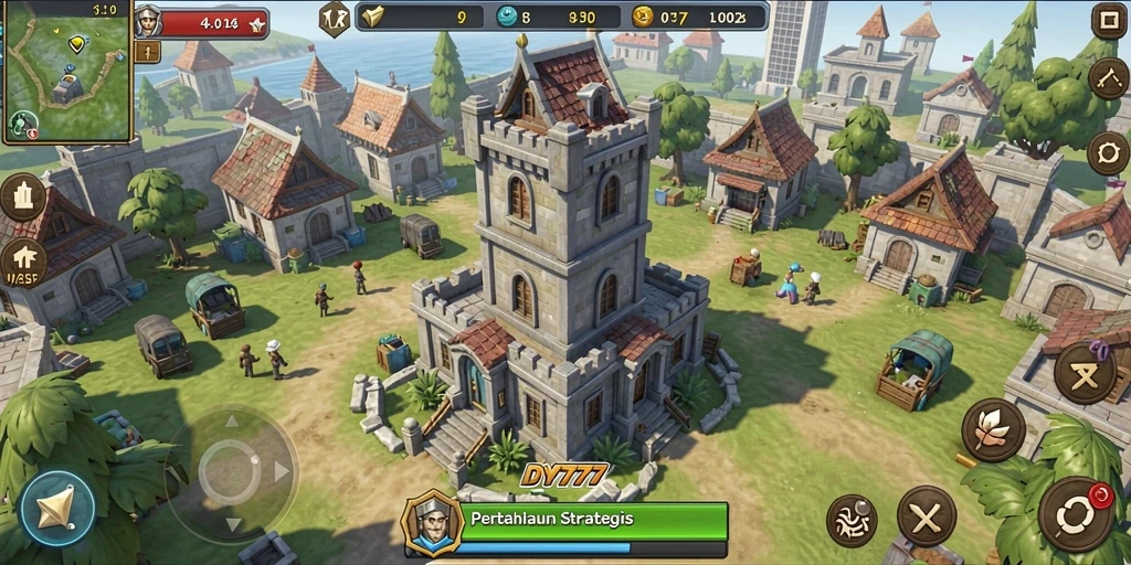 Tampilan gameplay menara dalam DY777 yang penuh strategi.