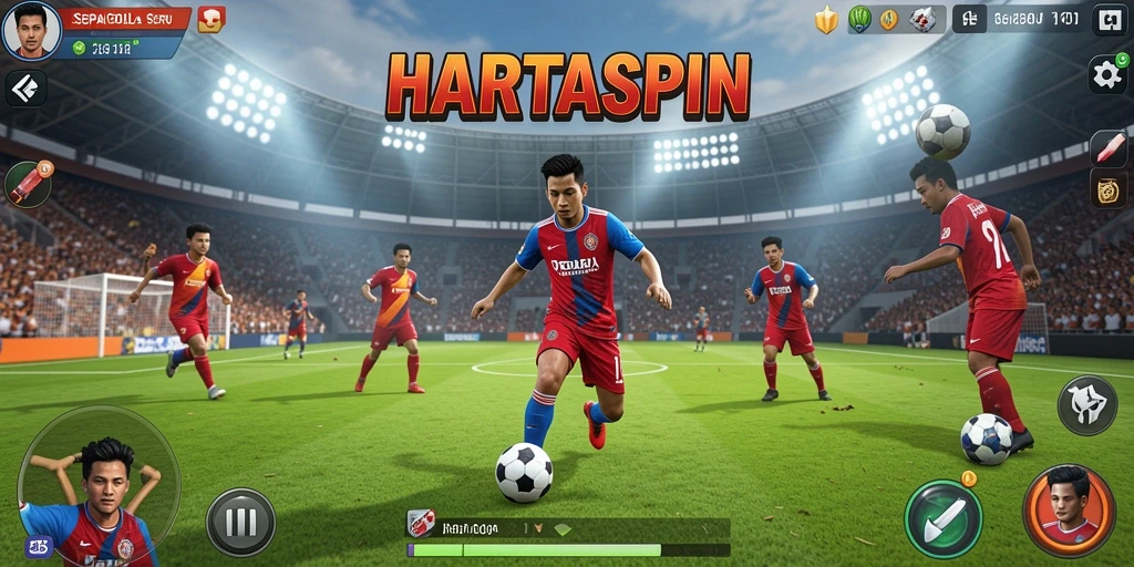 Screenshot dari gameplay HARTASPIN menunjukkan aksi mendebarkan di lapangan sepak bola.