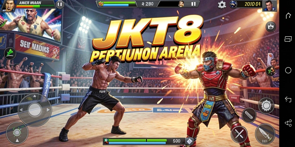 Screenshot gameplay JKT8 menampilkan pertarungan epik antar karakter.