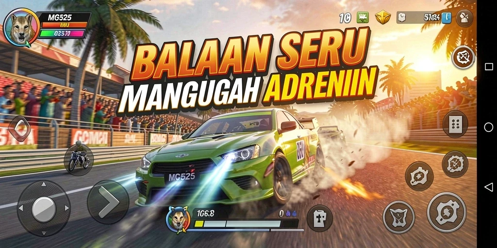 Gameplay MG525 yang seru dengan mobil balap yang menawan.