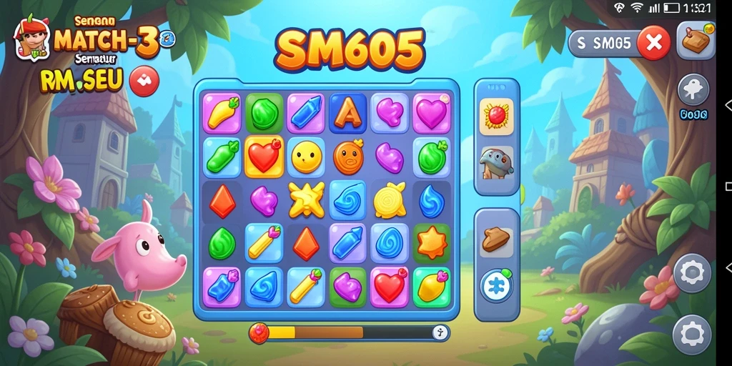 Screenshot gameplay SM605 menampilkan aksi Match-3 penuh warna yang seru.