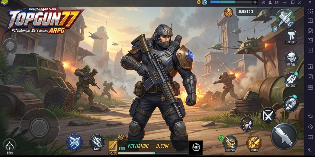 Screenshot gameplay TOPGUN77 menampilkan aksi pertarungan yang mendebarkan.